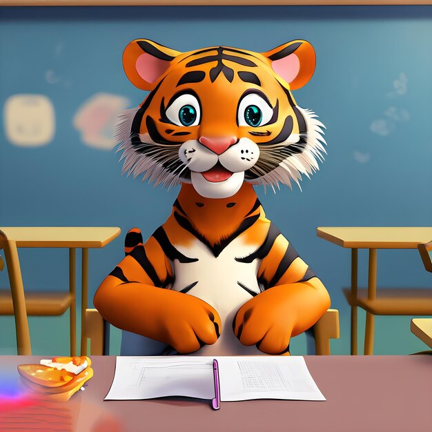 Foto um tigre está sentado em uma mesa com um livro intitulado tigre.