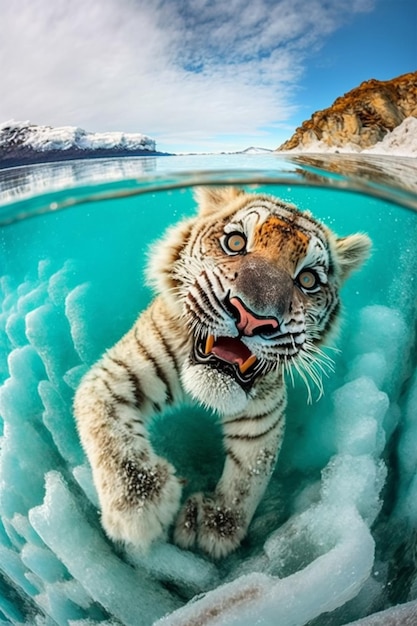 Um tigre na água com um fundo azul