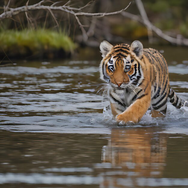 um tigre na água está nadando em um rio