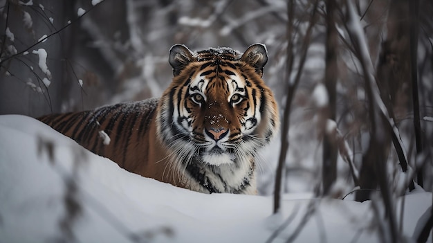 Um tigre na neve na floresta