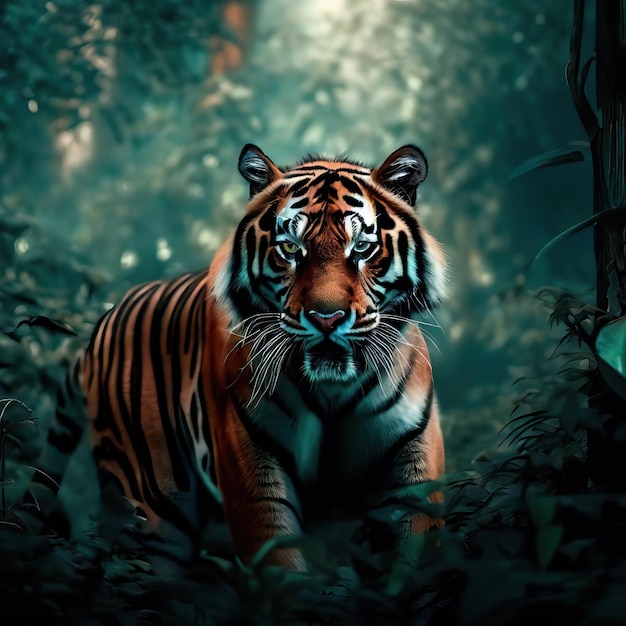 Um tigre na selva com as palavras tigre no canto um tigre na floresta IA generativa