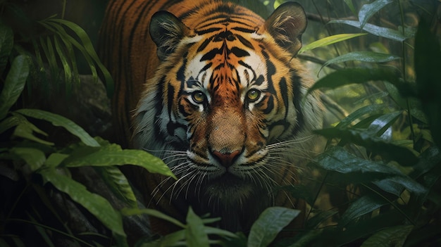 Um tigre na selva com folhas verdes