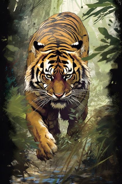 Um tigre na selva com fundo preto