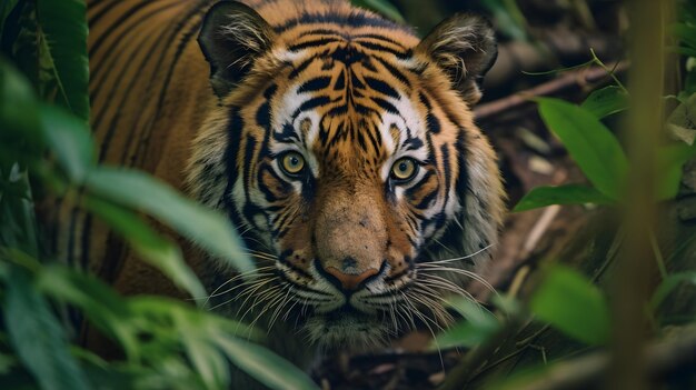 Um tigre na selva está olhando para a câmera.