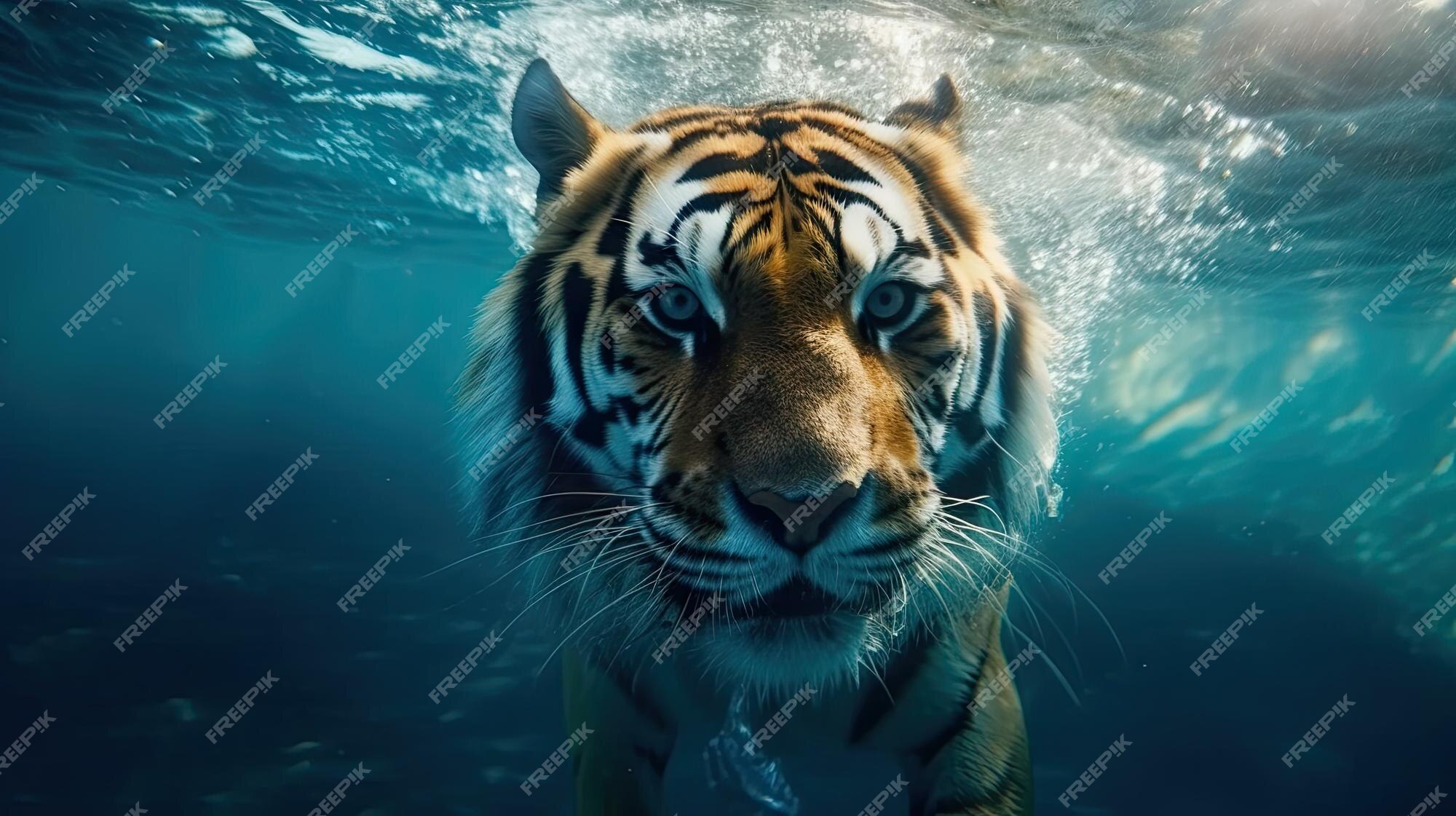 Tigre olhando para a câmera no fundo azul