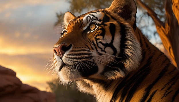 Um tigre no deserto com um fundo pôr do sol