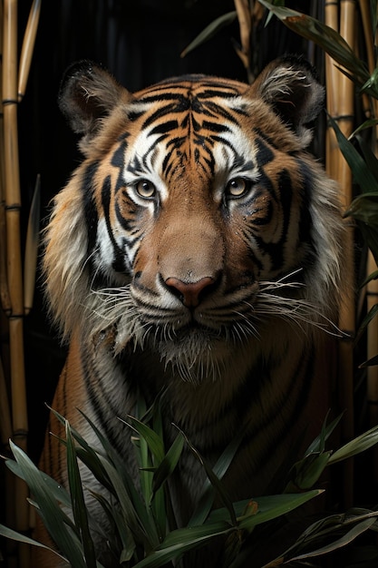 Um tigre olha para a câmera perto de uma árvore de bambu Generative AI