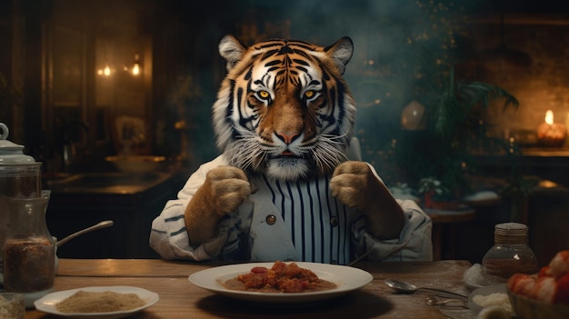 Foto um tigre participando de competições culinárias entre habitantes selvagens hyper real hd 4k