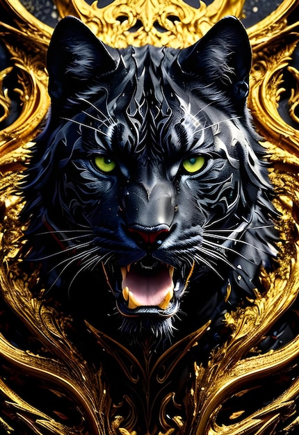 Um tigre preto com ouro e folhas de ouro