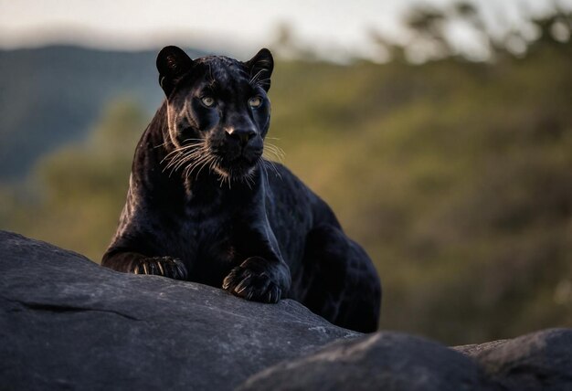 Foto um tigre preto está em uma rocha com o sol atrás dele