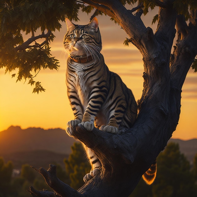 Um tigre senta-se em um galho de árvore em frente ao pôr do sol.