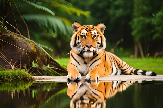 Um tigre senta-se na água em uma selva.