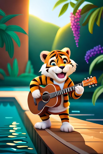 Um tigre tocando violão e tocando violão.