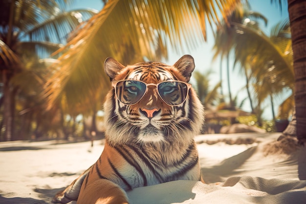 Um tigre usando óculos escuros senta-se em uma praia ao sol