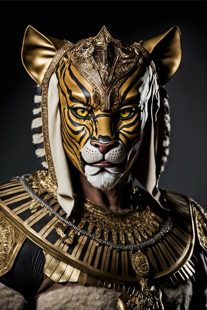 Um tigre usando uma máscara de ouro com detalhes em ouro