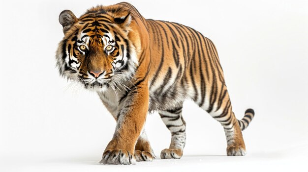 Um tigre vagando isolado em um fundo branco