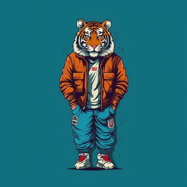 um tigre vestindo uma jaqueta e jeans em frente a um fundo azul generativo ai