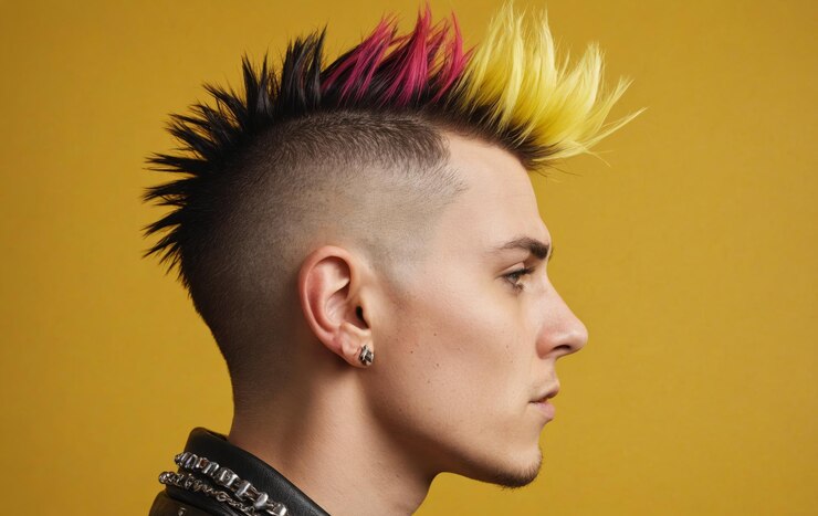 Foto um tipo com um mohawk e brincos está em uma jaqueta de couro no evento
