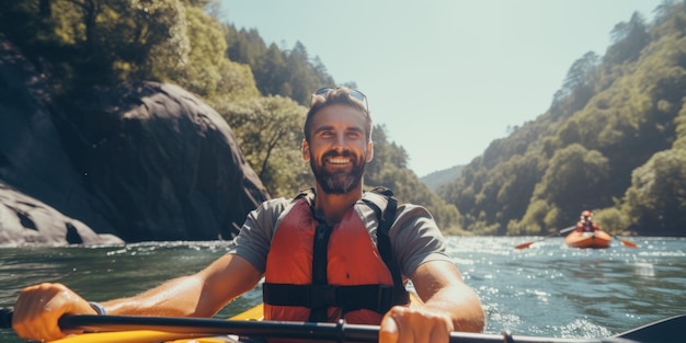 Um tipo desce um rio de montanha num caiaque. IA generativa.