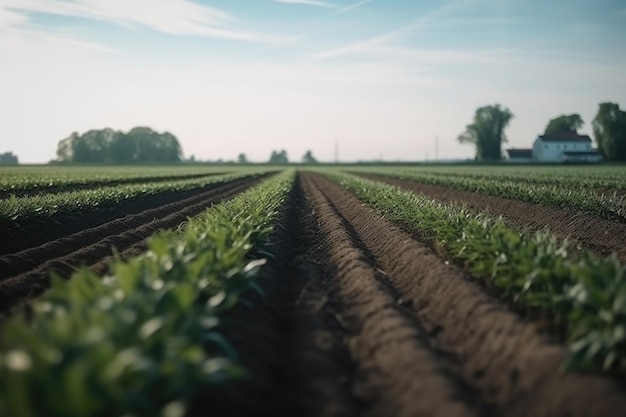 Um tiro de ângulo baixo de um campo de cultivo em uma fazenda criada com IA generativa