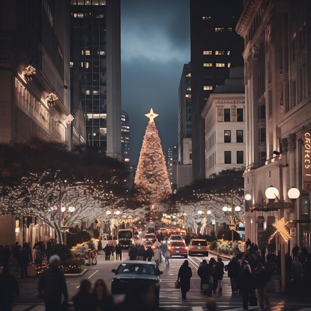 Foto um tiro de ângulo largo de um centro da cidade adornado com luzes cintilantes uma enorme árvore de natal e busto