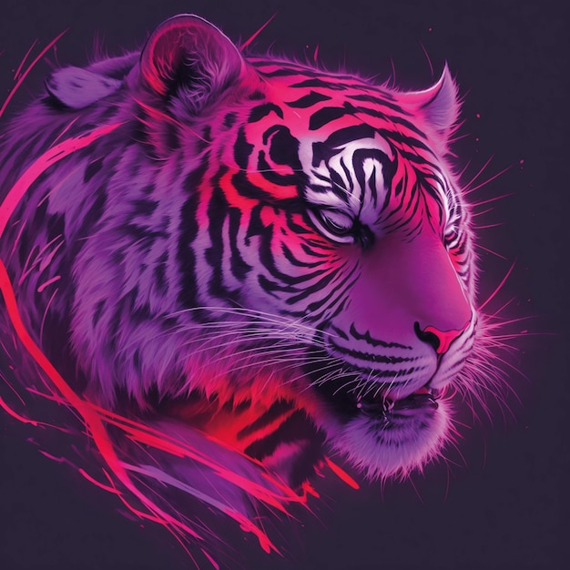 Um tiro de cabeça de tigre suave néon claro roxo vermelho arte vetorial 3D