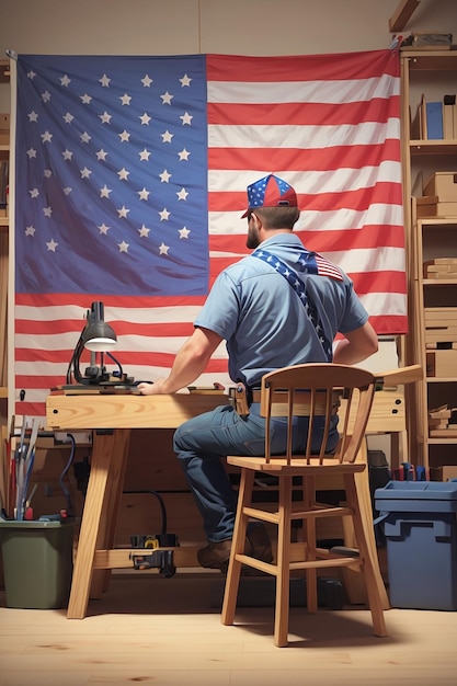 Um tiro de carpinteiro por trás no local de trabalho com ilustração colorida da bandeira americana do dia do trabalho