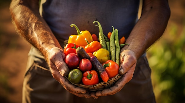 Um tiro de close-up das mãos de um fazendeiro segurando legumes