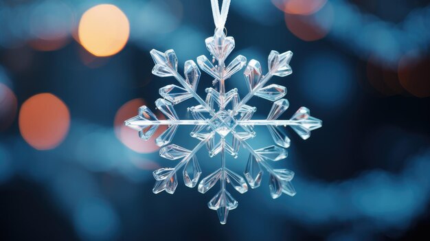 Um tiro de close-up de um delicado ornamento de floco de neve de vidro
