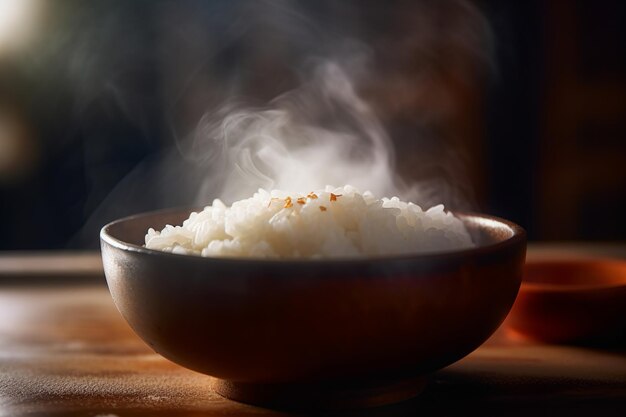 Foto um tiro de close-up de uma tigela fumegante de arroz quente convidando e confortando colocado em uma madeira rústica