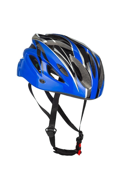 Um tiro de estúdio de um capacete preto e azul para ciclista isolado no fundo branco