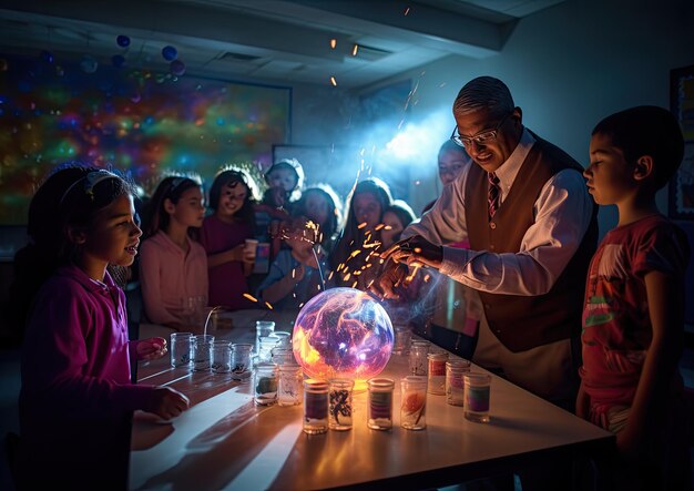 Foto um tiro de grande angular de um professor realizando um experimento científico com alunos com cores brilhantes