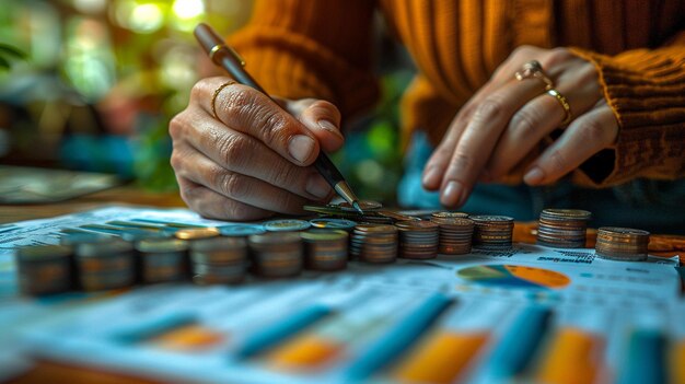 Foto um tiro focado de mãos revisando papel de parede financeiro