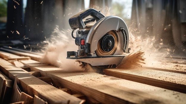 Um tiro hiper detalhado de uma serra cortando madeira para construção ou reparos