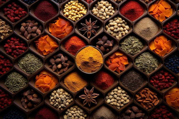 Um tiro macro de especiarias coloridas dispostas em um padrão geométrico mostrando a riqueza de sabores