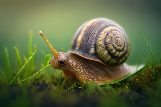 Um tiro macro de um caracol em alguma grama