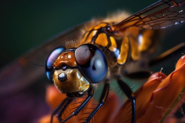 Um tiro macro de uma libélula com delicadas asas transparentes em uma flor Generative AI