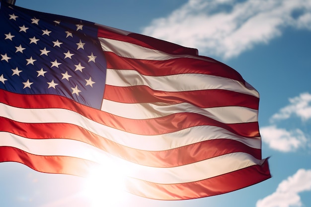 Um tiro patriótico da bandeira americana acenando orgulhosamente contra um céu azul claro