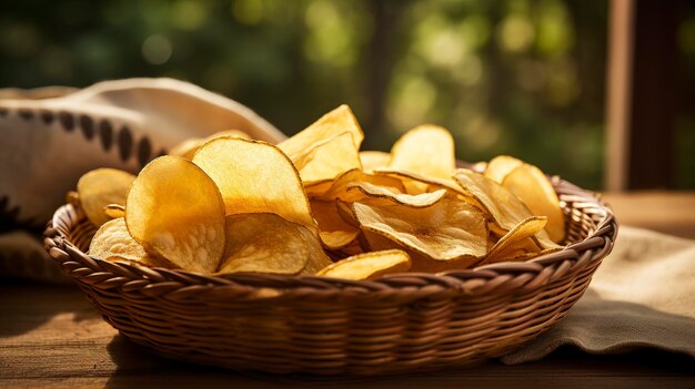 Um tiro rústico de batatas fritas colocado em uma cesta de vime