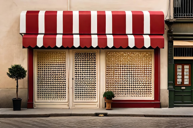 Um toldo vermelho e branco com um toldo listrado branco e vermelho.