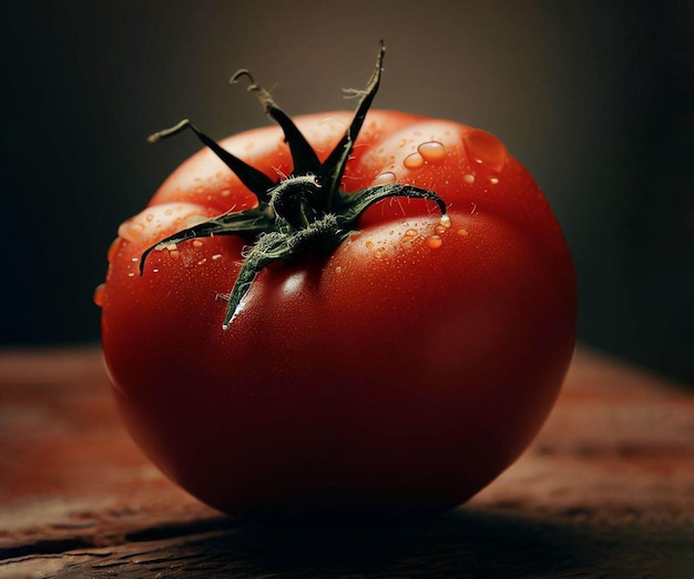 Um tomate com água cai sobre uma superfície de madeira.