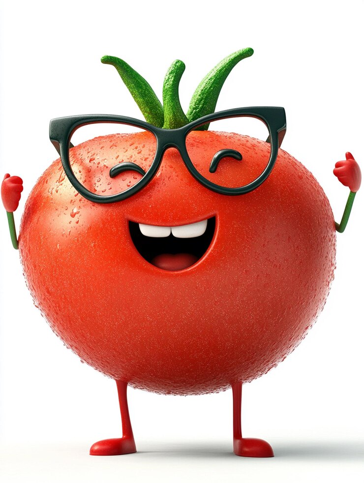 Foto um tomate com óculos e um sorriso nele.