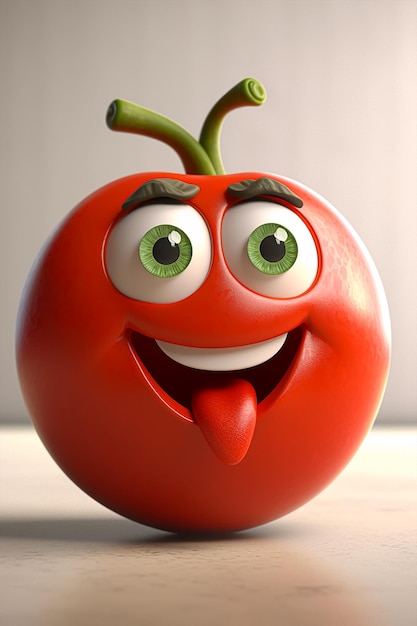 Um tomate com olhos verdes e nariz verde.