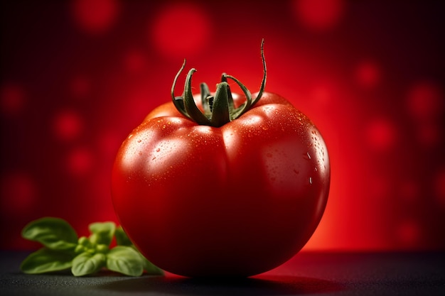 Um tomate em um fundo vermelho com folhas verdes