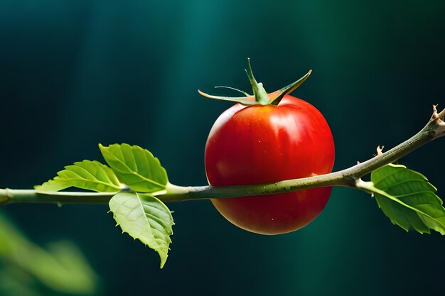 Um tomate em um galho com folhas verdes