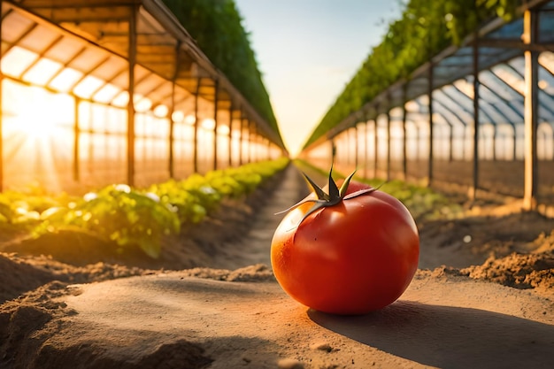 Um tomate em uma estufa com o sol brilhando sobre ele