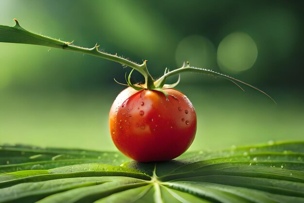 Um tomate em uma folha com a palavra tomate