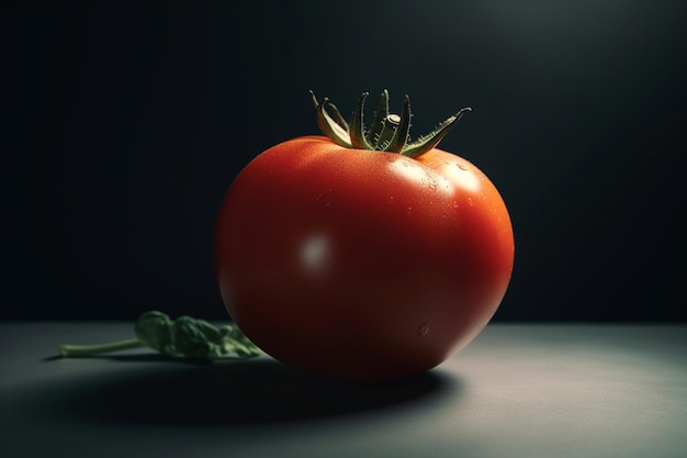 Um tomate em uma mesa com fundo preto