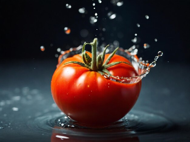 um tomate está sendo derramado em um copo de água