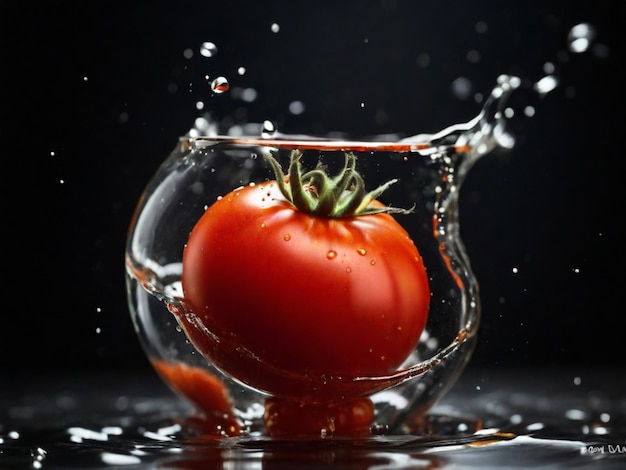 um tomate está sendo derramado em uma tigela de vidro com água salpicando em torno dele